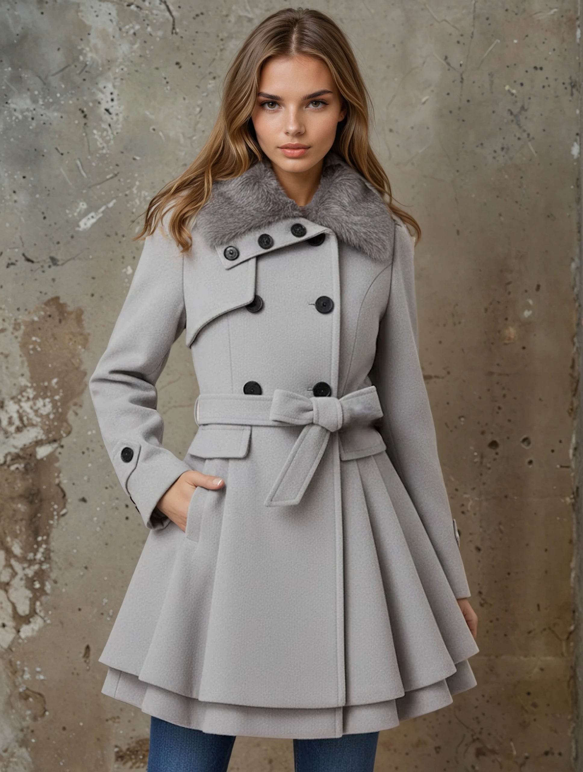 Mia - Damen Mantel mit Doppelreihe & Gürtel – Ausgestellte Silhouette, Kunstfellkragen