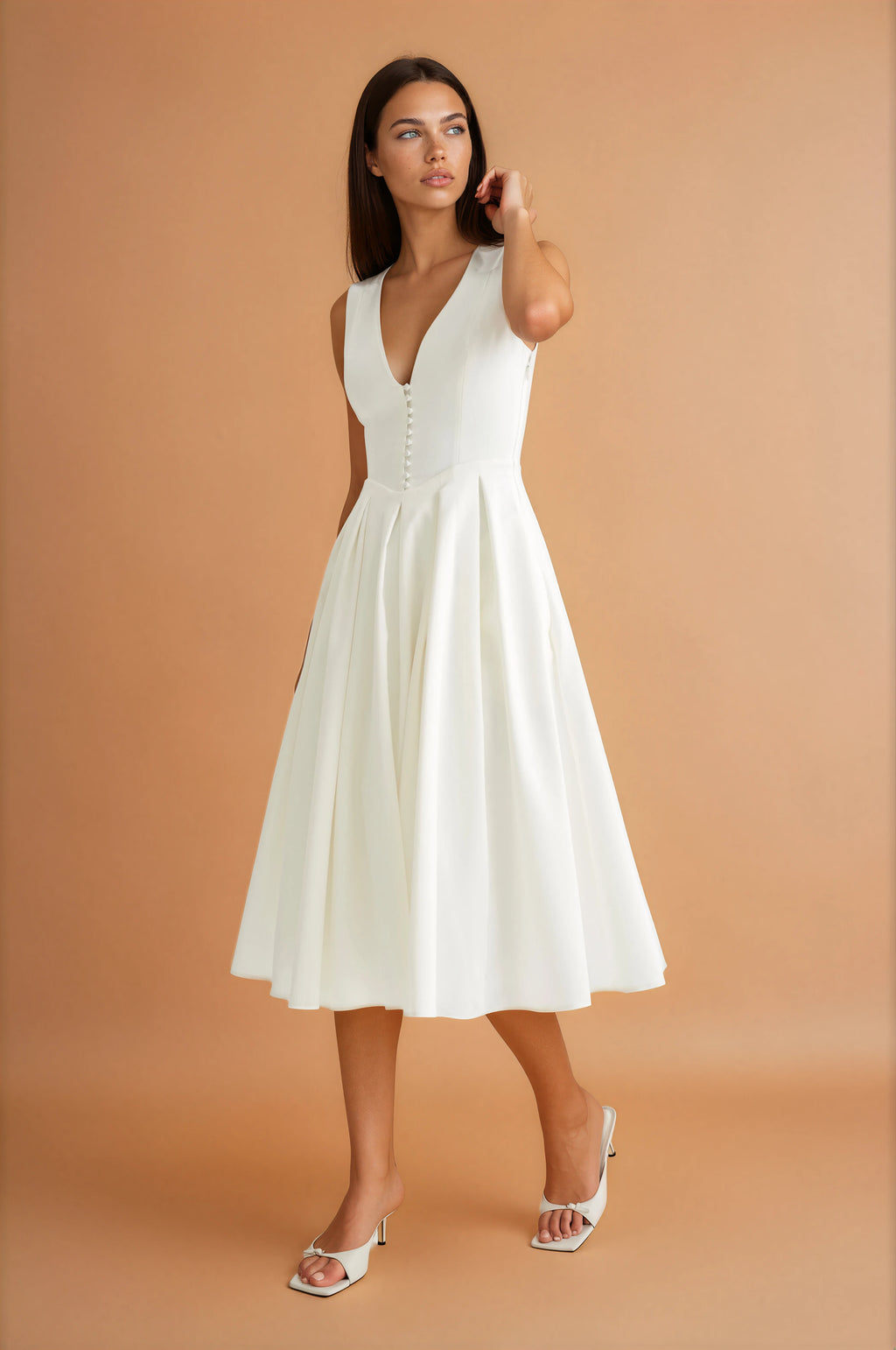 Weißes ärmelloses Baumwoll-Midikleid – Elegantes Sommerkleid Damen – Lässiges Freizeitkleid figurbetonend