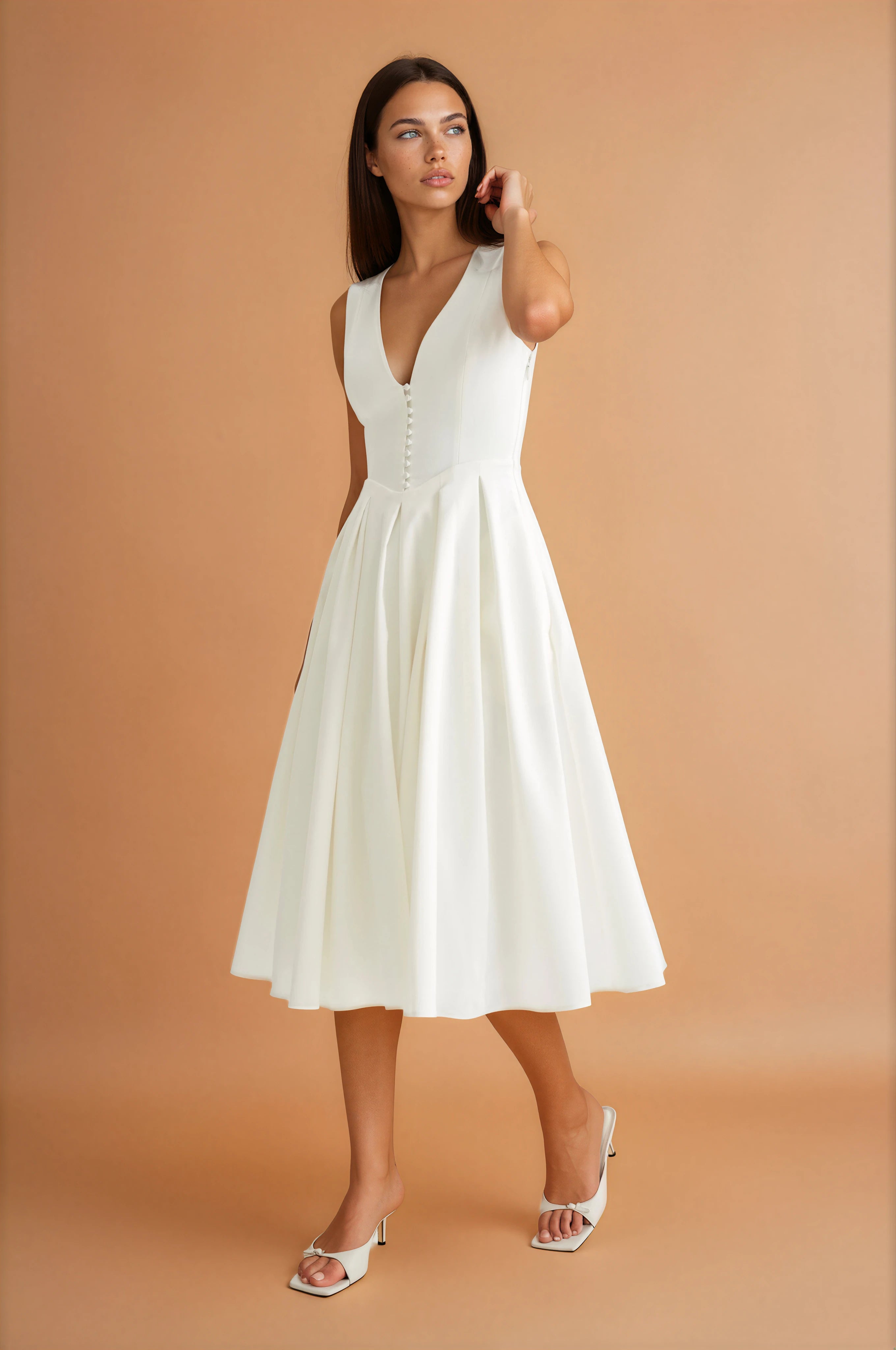Weißes ärmelloses Baumwoll-Midikleid – Elegantes Sommerkleid Damen – Lässiges Freizeitkleid figurbetonend