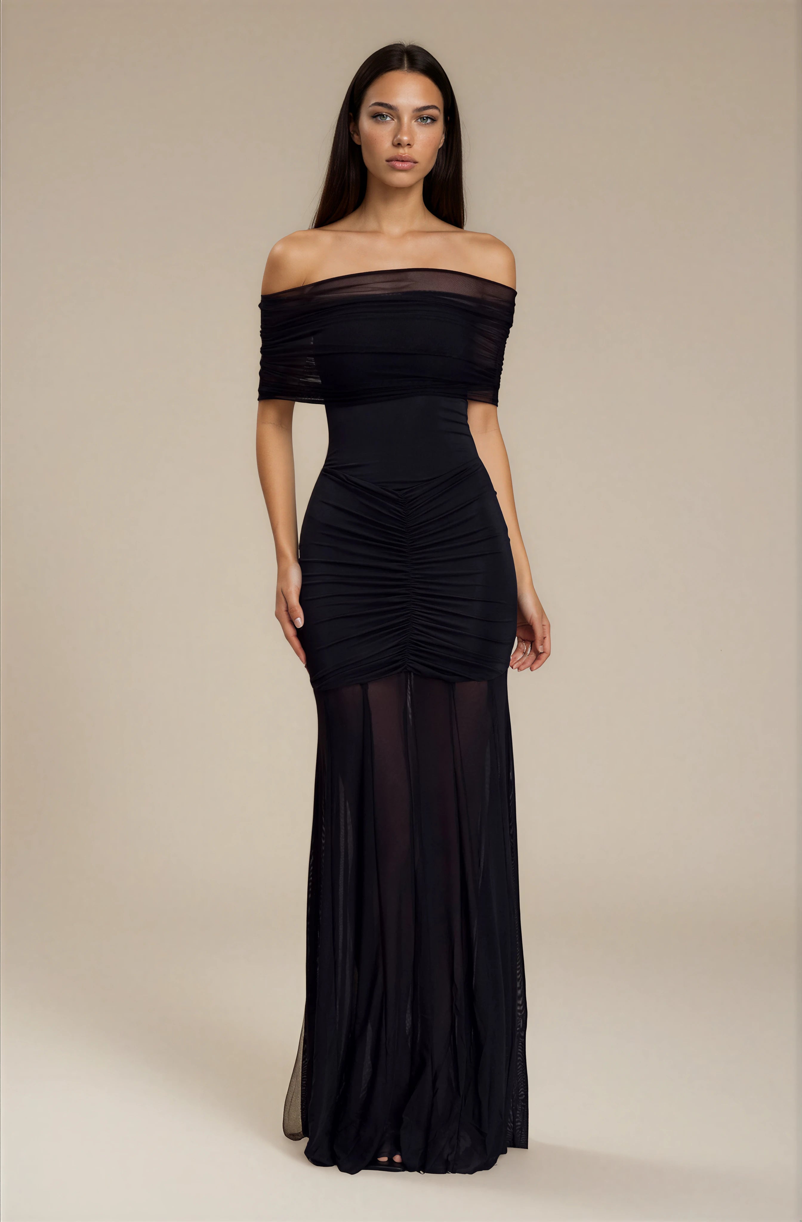 Schwarzes schulterfreies Slinky-Mesh-Maxikleid – Elegantes Abendkleid lang Damen – Figurbetontes Partykleid Carmen