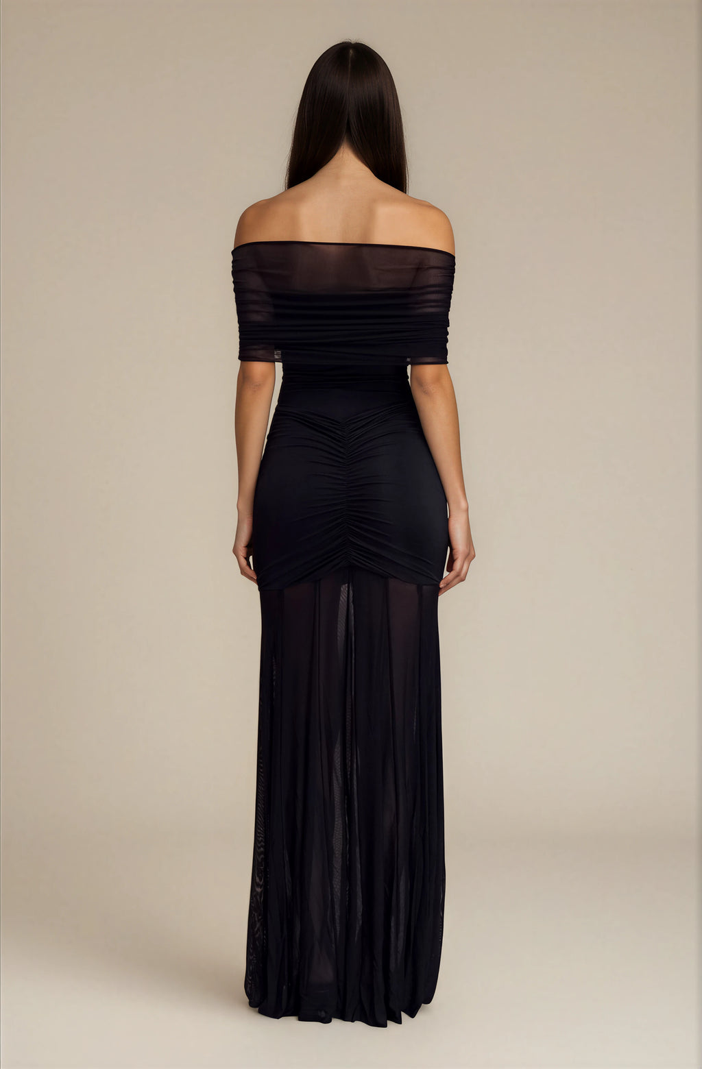 Schwarzes schulterfreies Slinky-Mesh-Maxikleid – Elegantes Abendkleid lang Damen – Figurbetontes Partykleid Carmen
