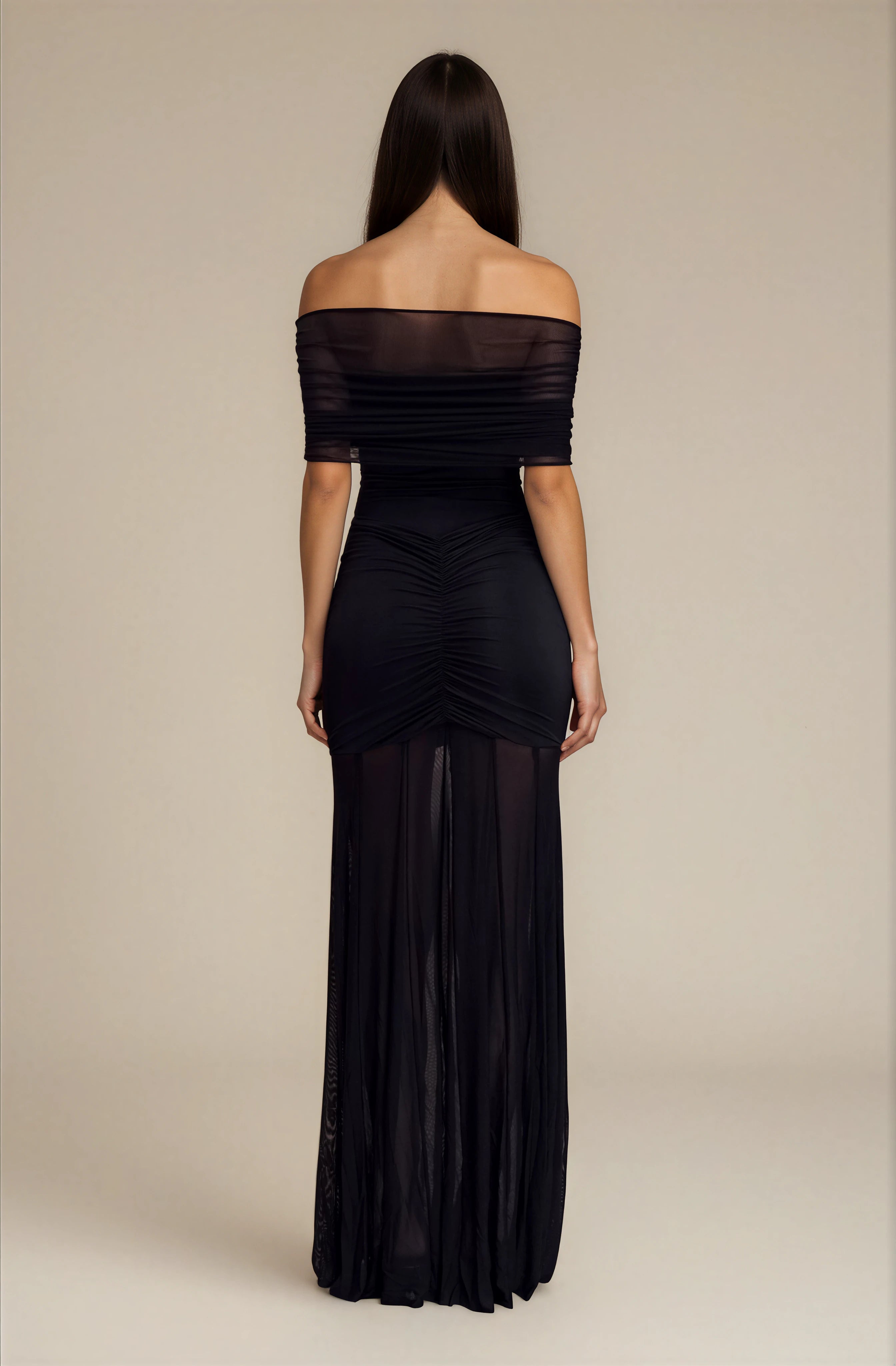 Schwarzes schulterfreies Slinky-Mesh-Maxikleid – Elegantes Abendkleid lang Damen – Figurbetontes Partykleid Carmen