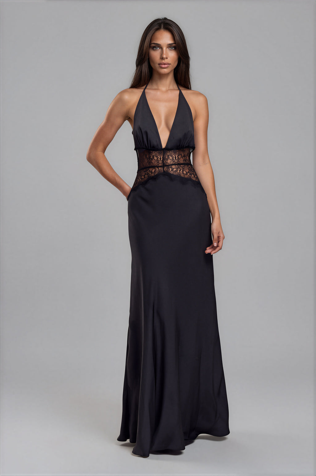 Damen Maxikleid Schwarz – Spitze & Satin, elegantes schwarzes Abendkleid