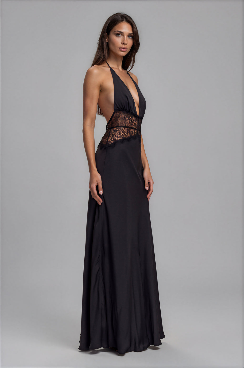 Damen Maxikleid Schwarz – Spitze & Satin, elegantes schwarzes Abendkleid