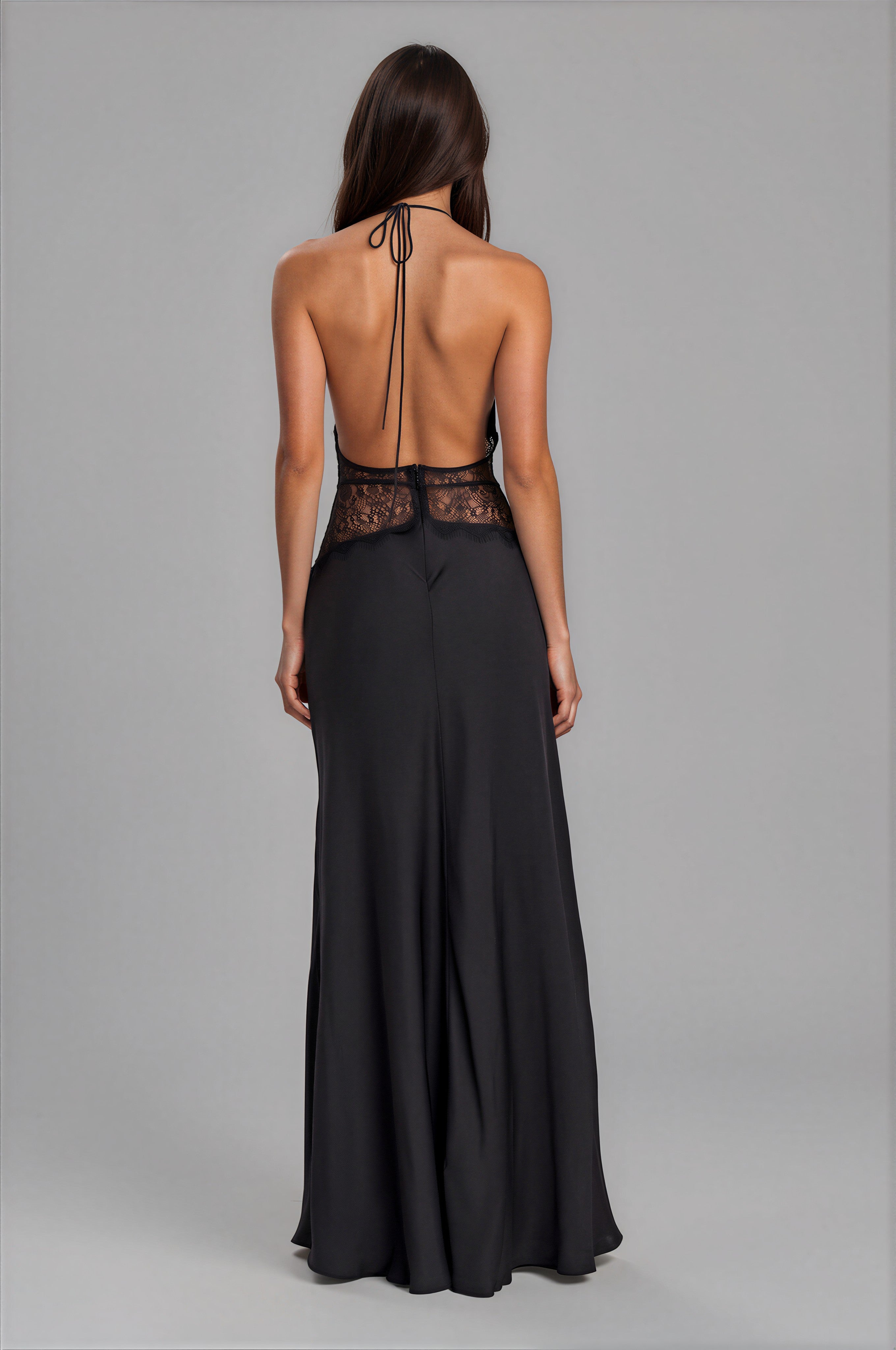Damen Maxikleid Schwarz – Spitze & Satin, elegantes schwarzes Abendkleid