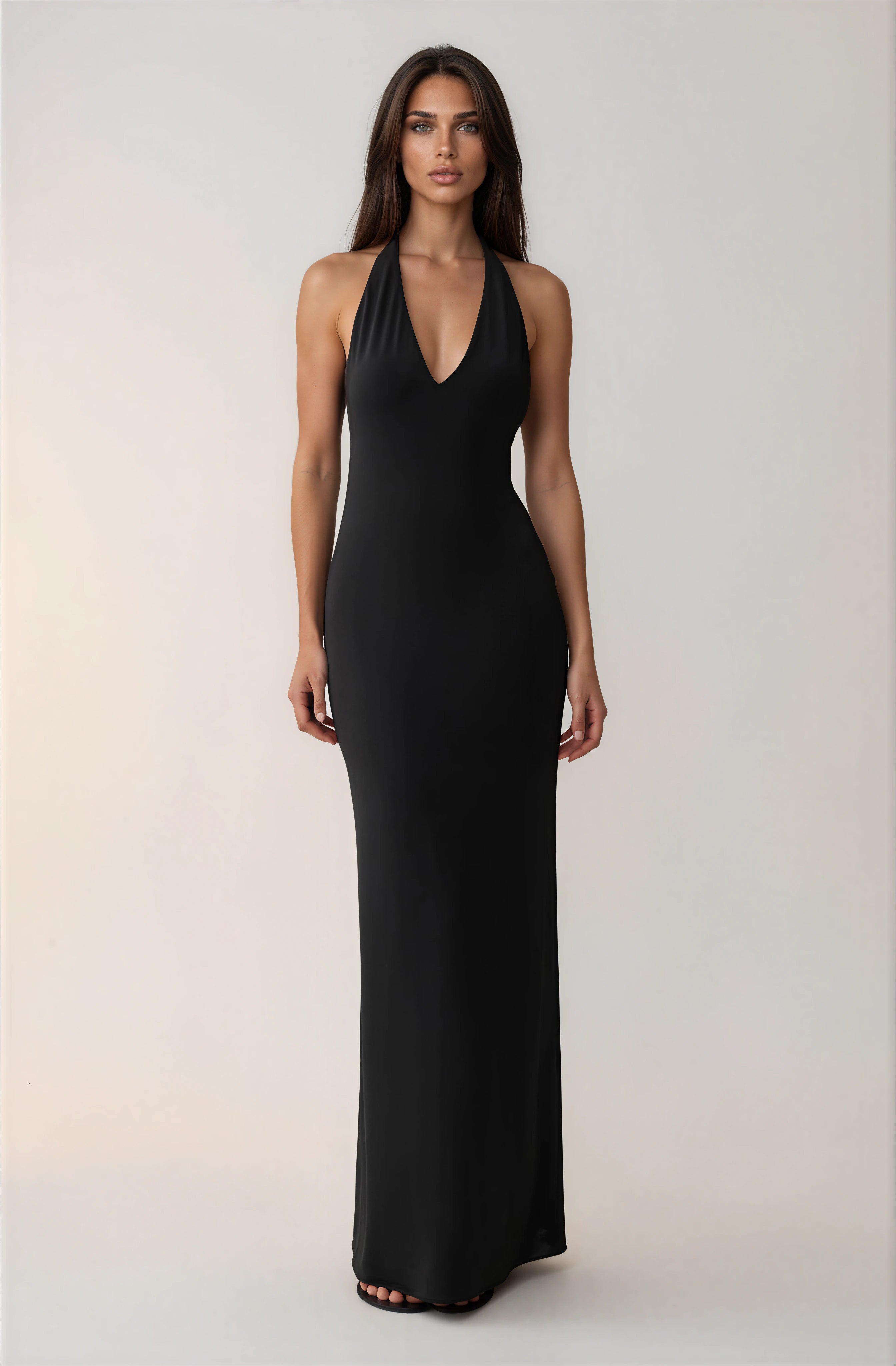 Schwarzes Slinky Maxikleid tiefem V-Ausschnitt – Elegantes Abendkleid lang Damen – Figurbetontes Partykleid