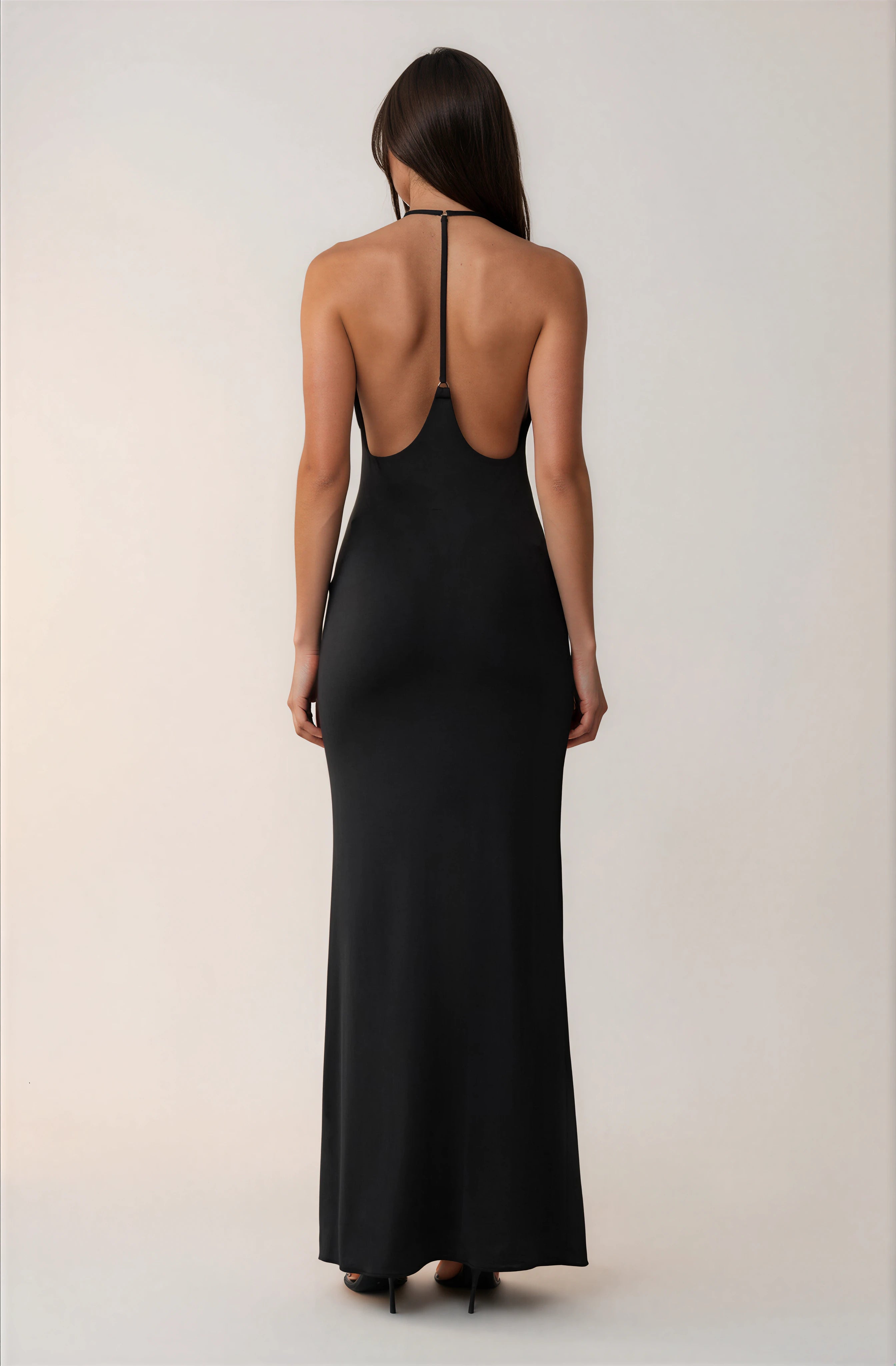 Schwarzes Slinky Maxikleid tiefem V-Ausschnitt – Elegantes Abendkleid lang Damen – Figurbetontes Partykleid