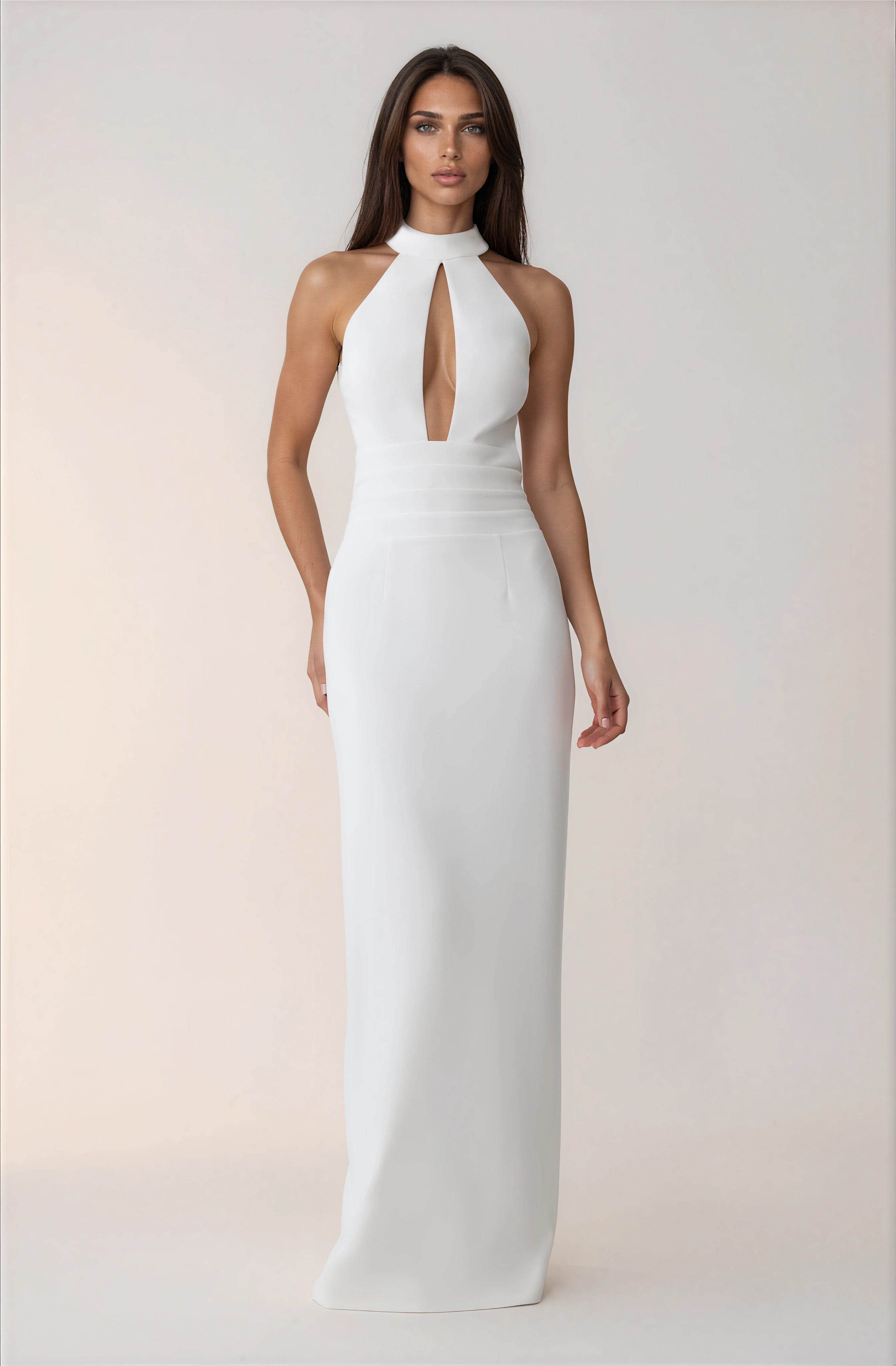 Weißes Stretch-Crepe-Maxikleid – Elegantes Abendkleid lang Damen – Figurbetontes Cocktailkleid Partykleid fließend