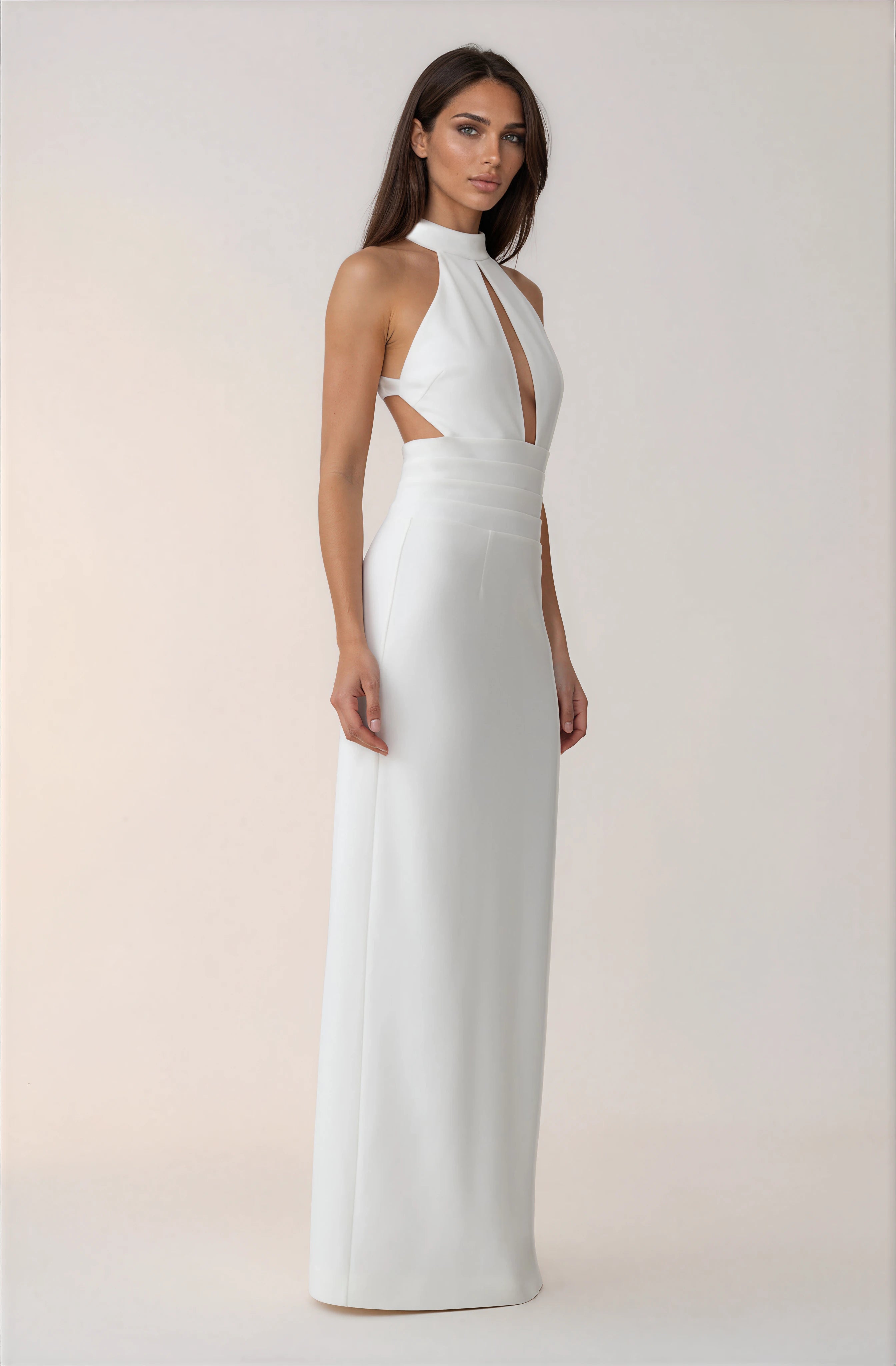 Weißes Stretch-Crepe-Maxikleid – Elegantes Abendkleid lang Damen – Figurbetontes Cocktailkleid Partykleid fließend