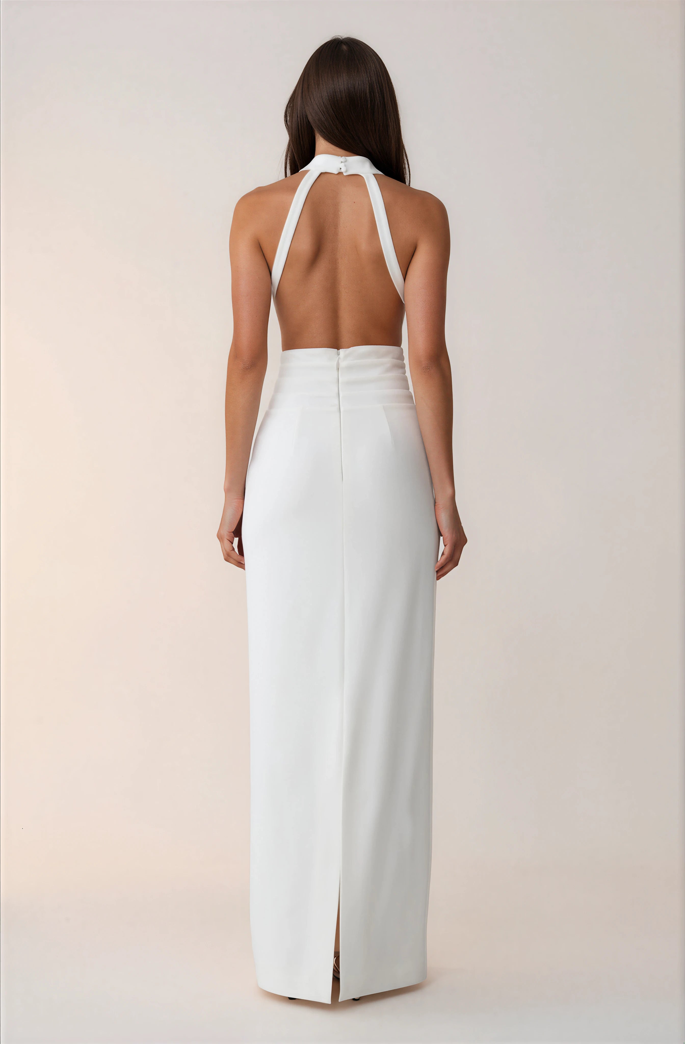 Weißes Stretch-Crepe-Maxikleid – Elegantes Abendkleid lang Damen – Figurbetontes Cocktailkleid Partykleid fließend