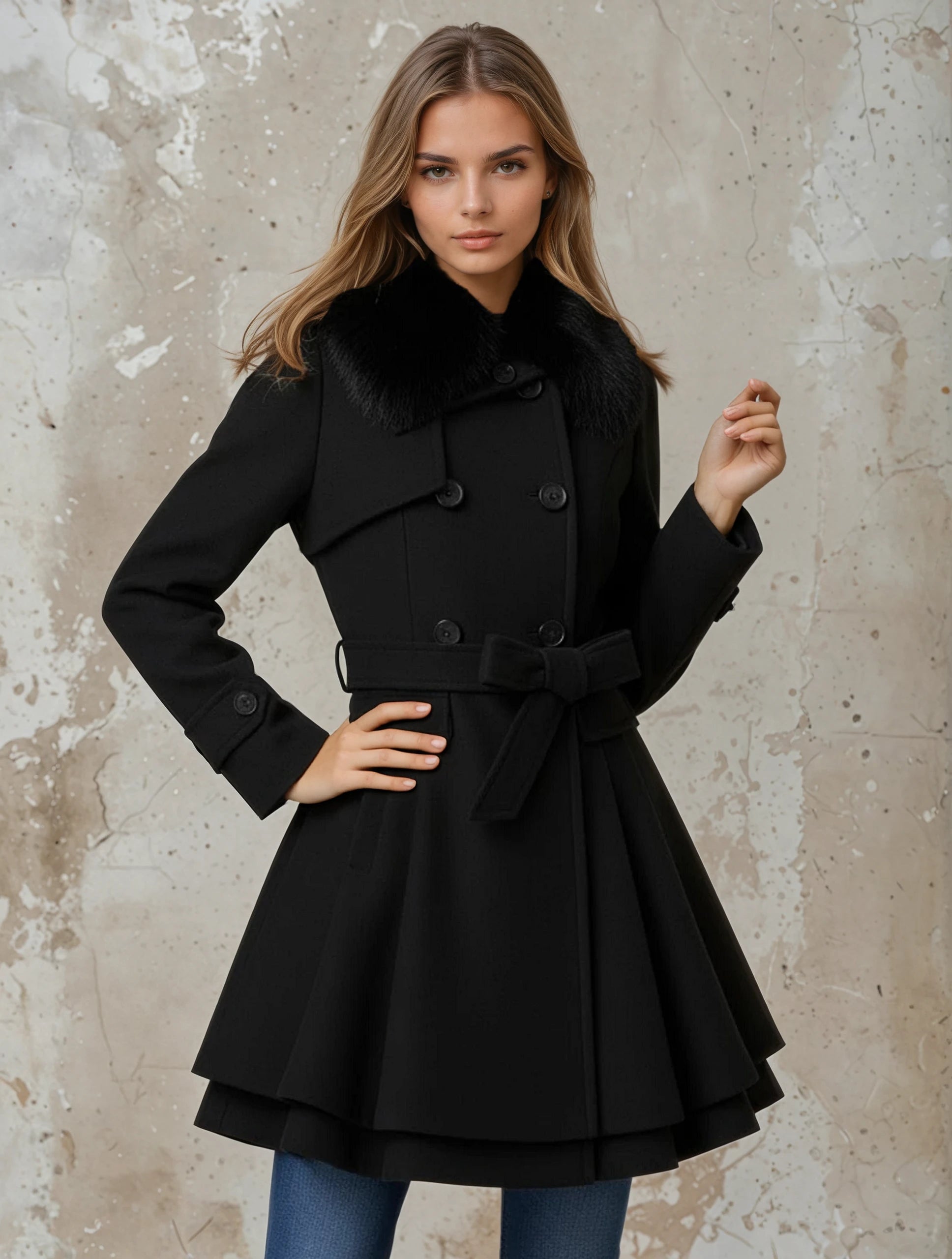 Mia - Damen Mantel mit Doppelreihe & Gürtel – Ausgestellte Silhouette, Kunstfellkragen