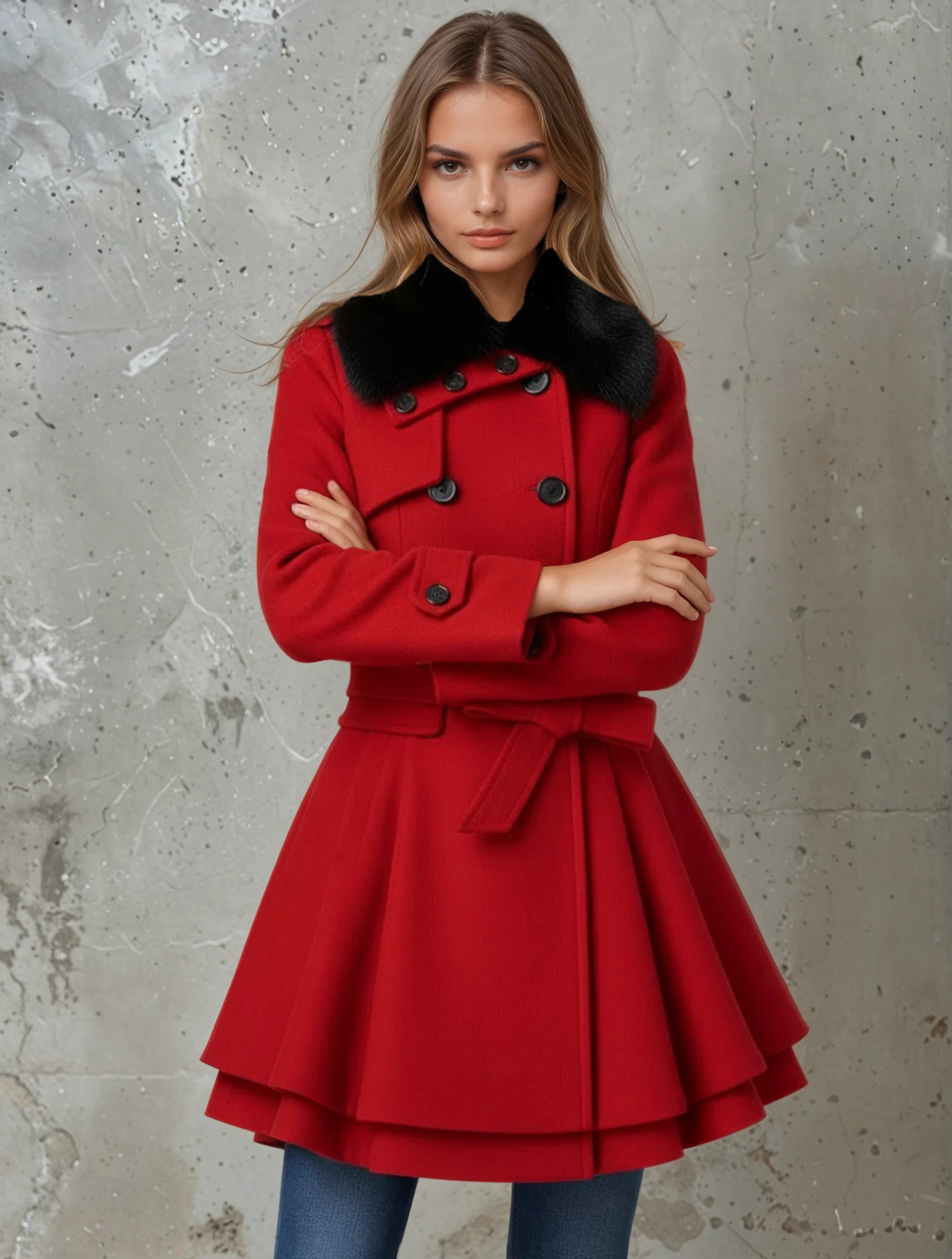 Mia - Damen Mantel mit Doppelreihe & Gürtel – Ausgestellte Silhouette, Kunstfellkragen