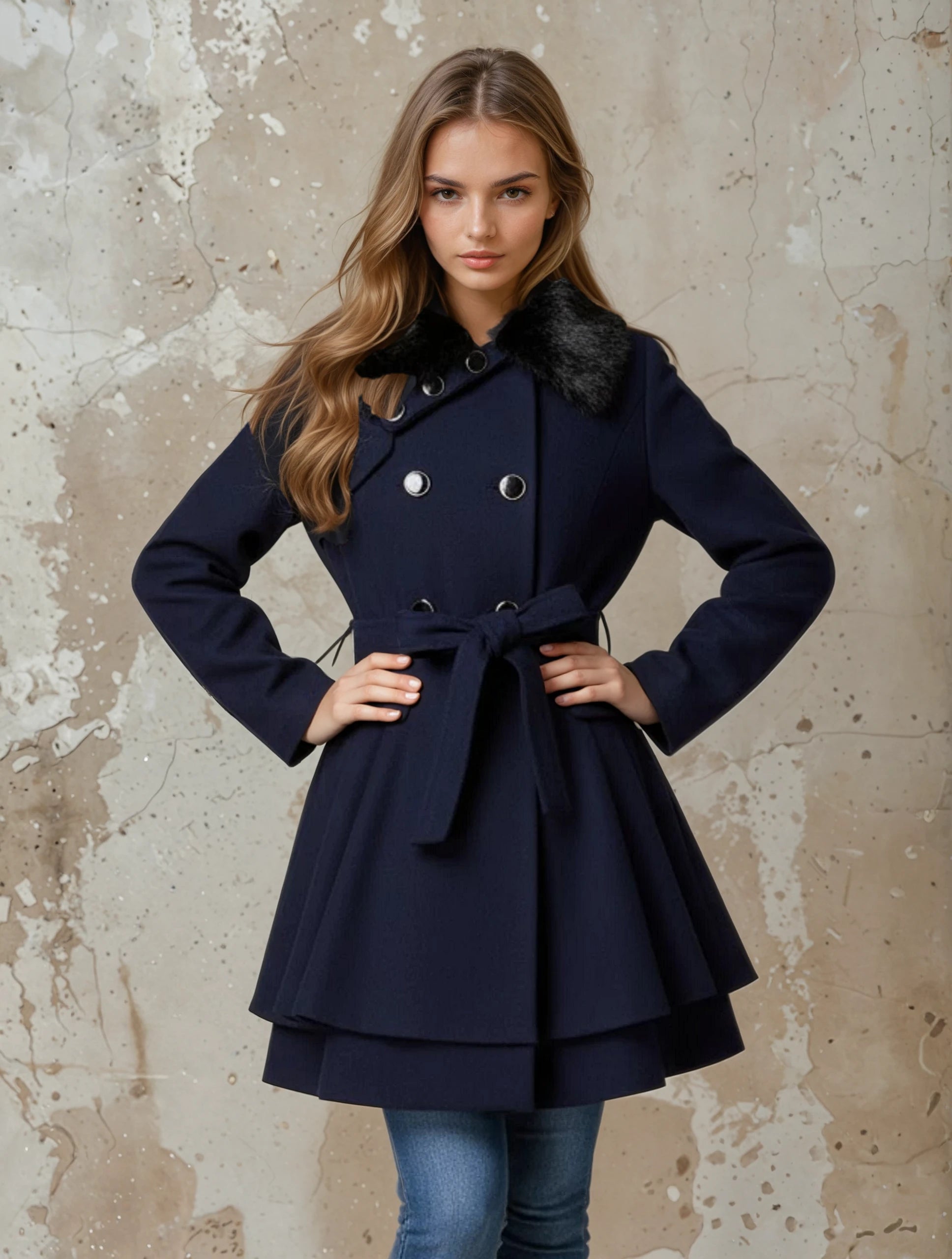 Mia - Damen Mantel mit Doppelreihe & Gürtel – Ausgestellte Silhouette, Kunstfellkragen