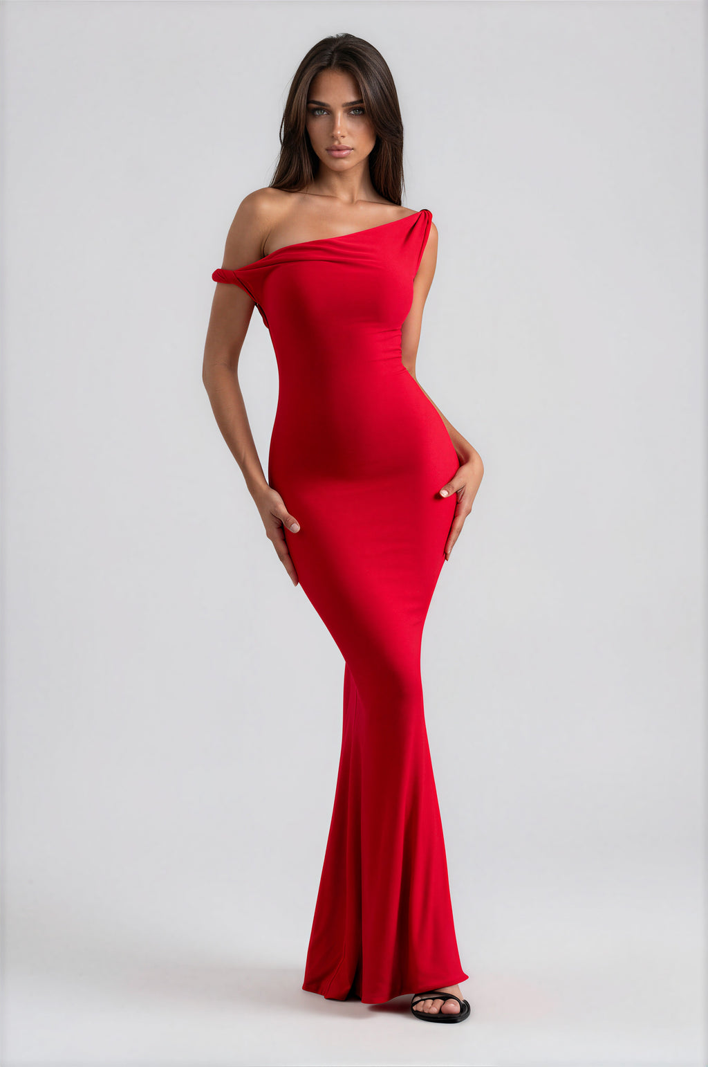 Damen Maxikleid Rot – Asymmetrischer Schnitt mit Twist-Detail, langes elegantes Abendkleid