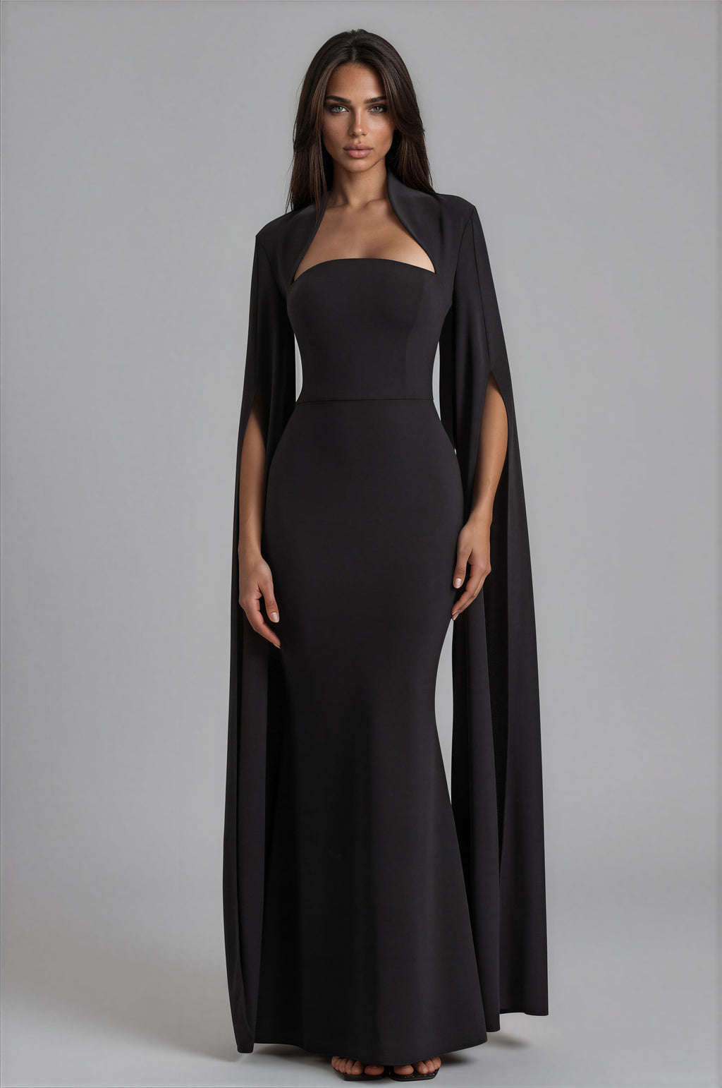 Damen Maxikleid Schwarz – Cape-Ärmel & quadratischer Ausschnitt, elegantes schwarzes Abendkleid