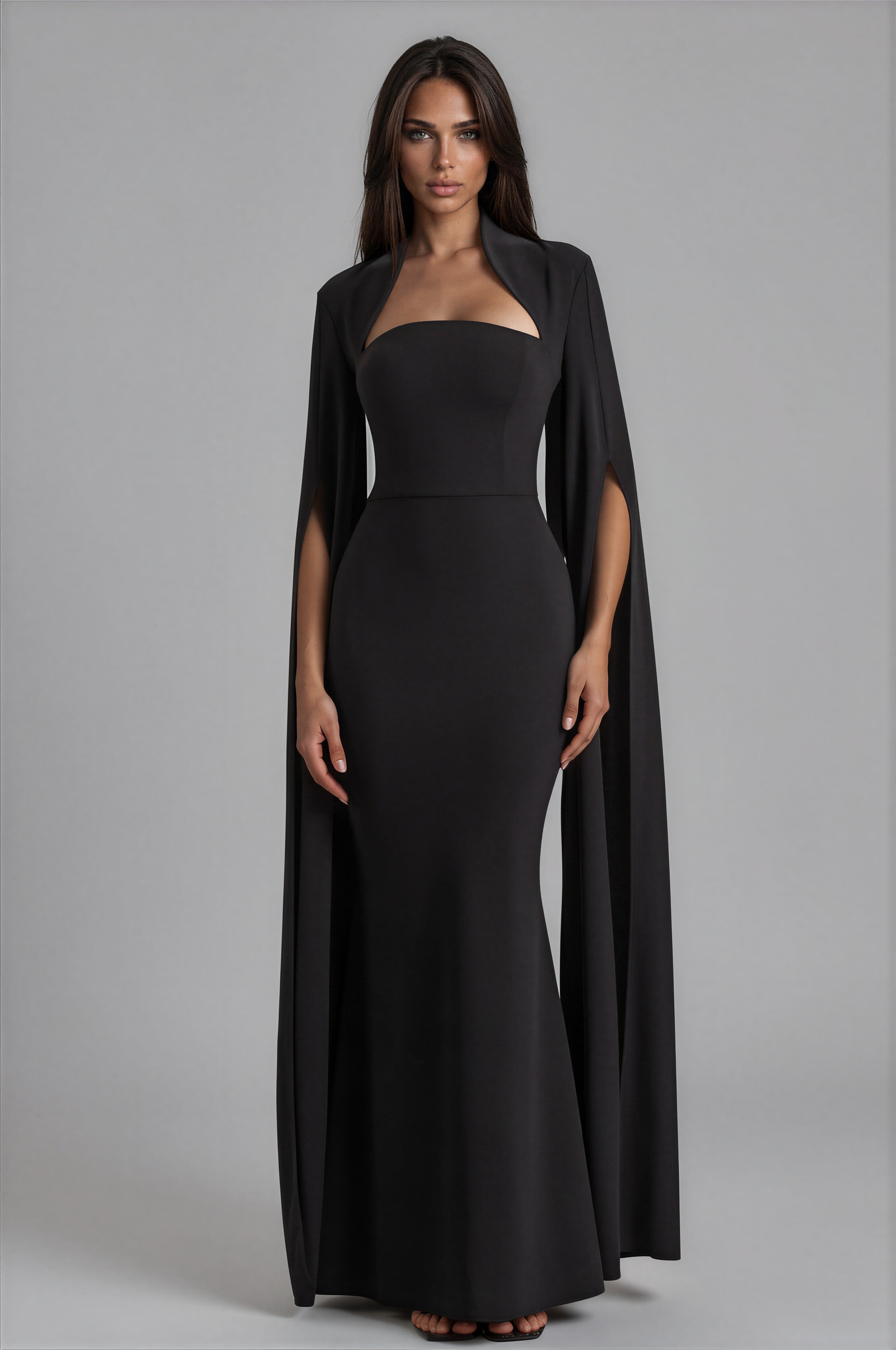 Damen Maxikleid Schwarz – Cape-Ärmel & quadratischer Ausschnitt, elegantes schwarzes Abendkleid
