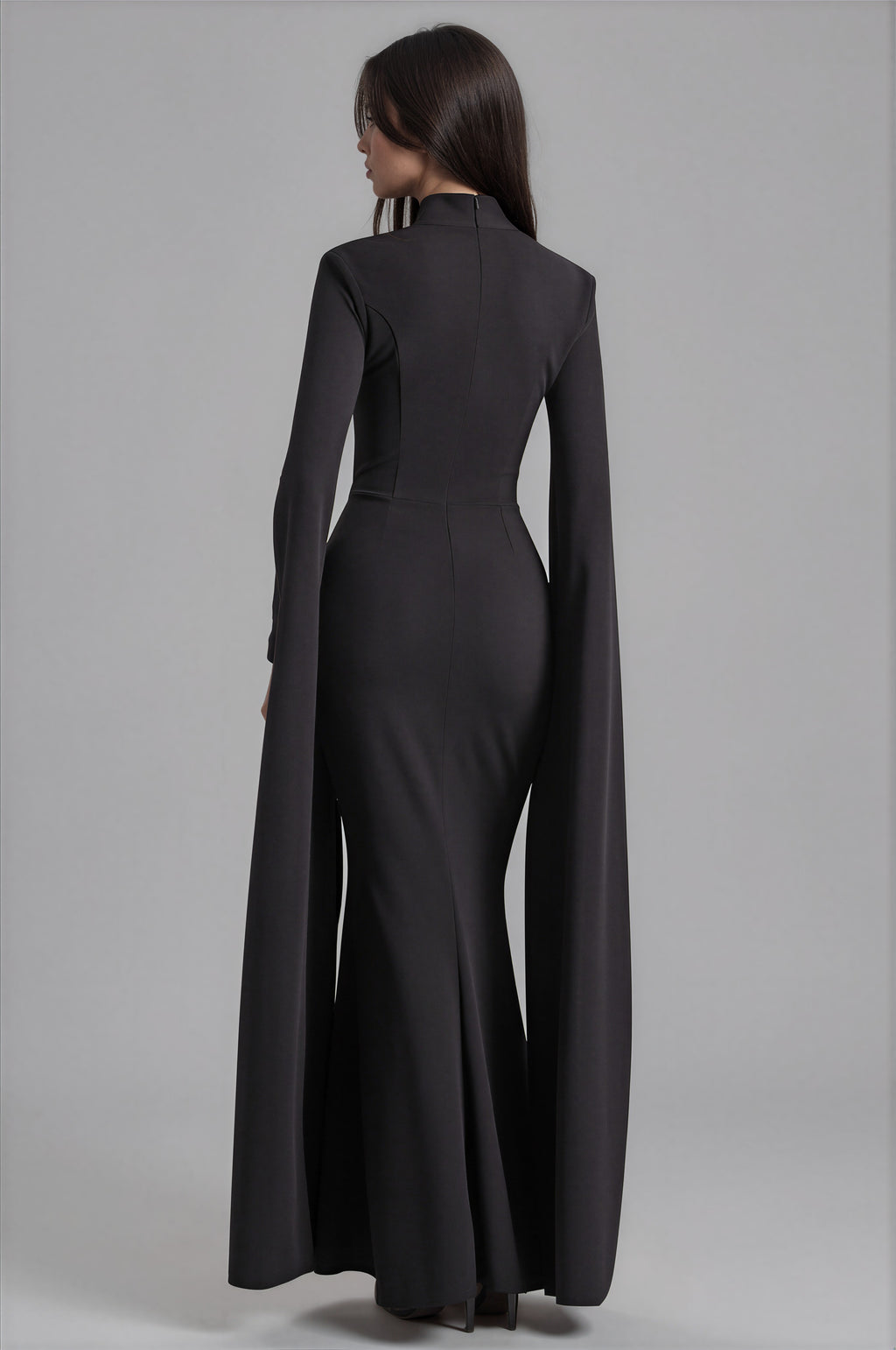 Damen Maxikleid Schwarz – Cape-Ärmel & quadratischer Ausschnitt, elegantes schwarzes Abendkleid