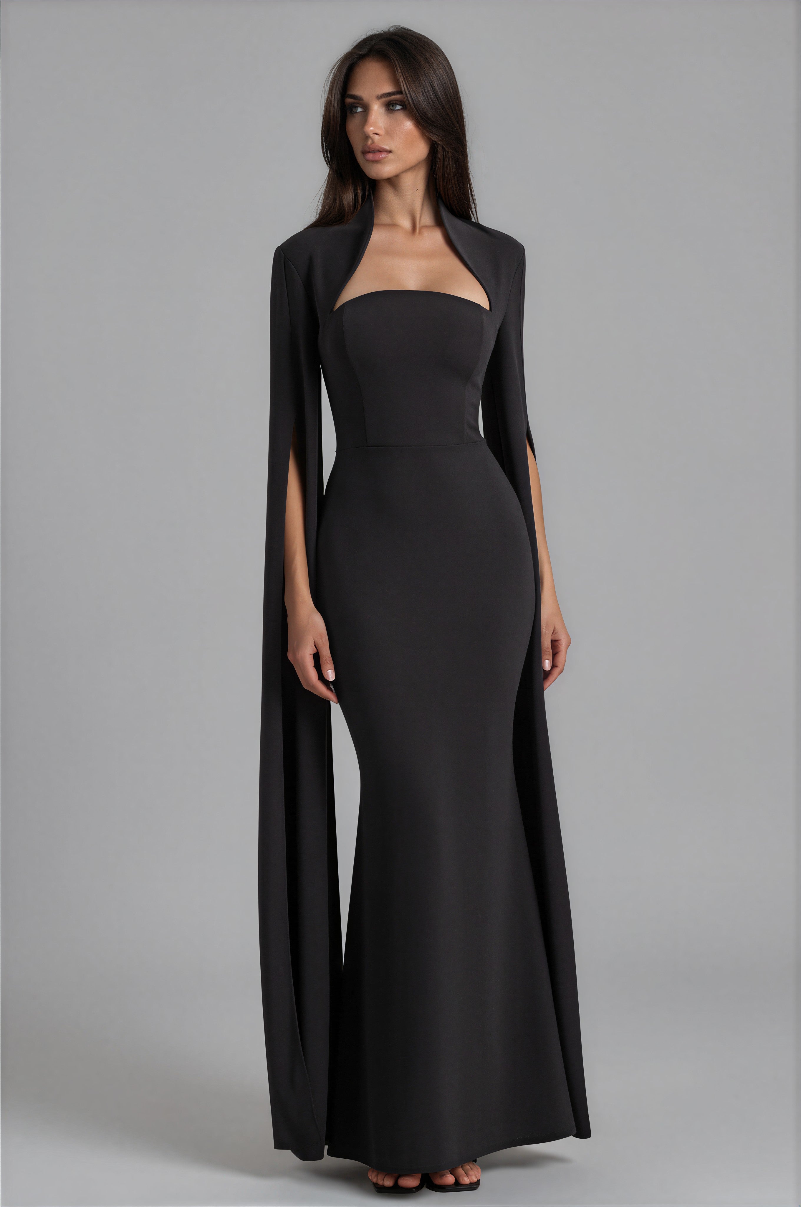 Damen Maxikleid Schwarz – Cape-Ärmel & quadratischer Ausschnitt, elegantes schwarzes Abendkleid