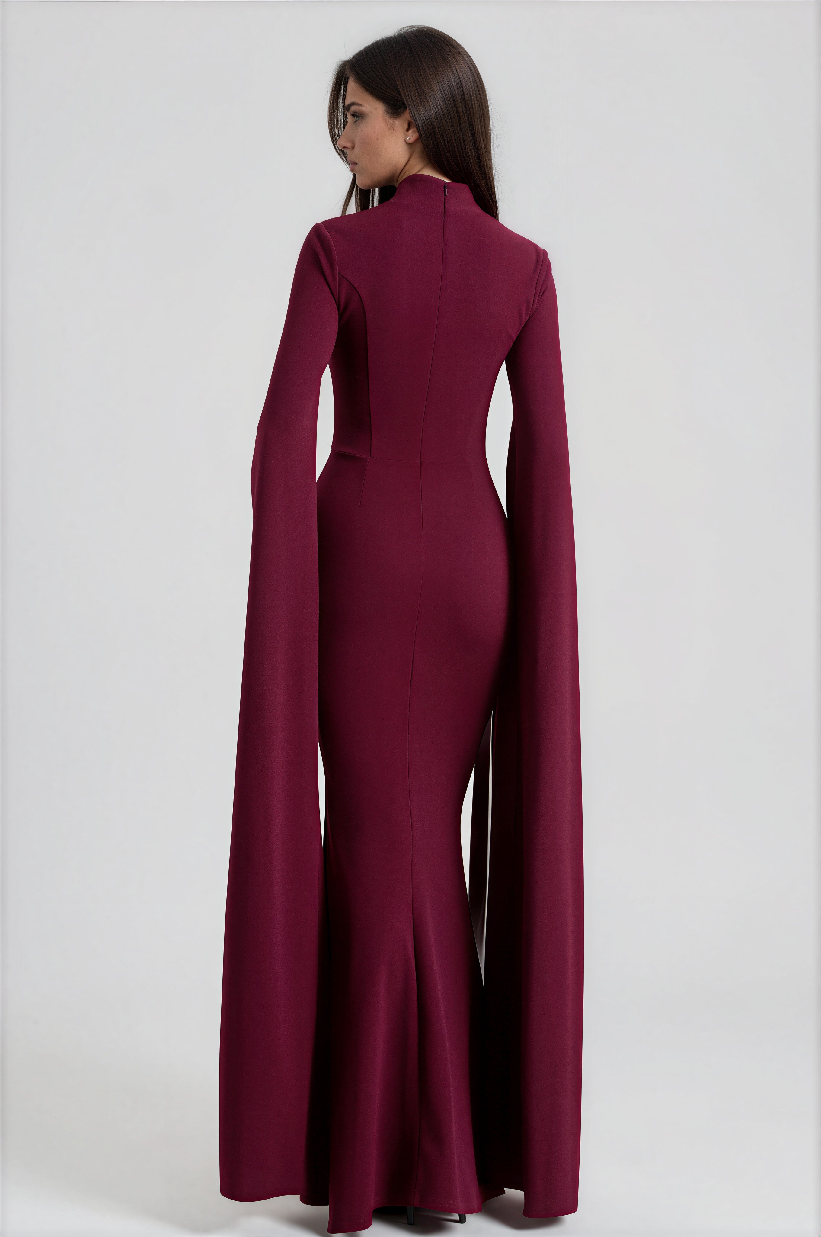 Damen Maxikleid Bordeaux – Cape-Ärmel & quadratischer Ausschnitt, elegantes Abendkleid Weinrot