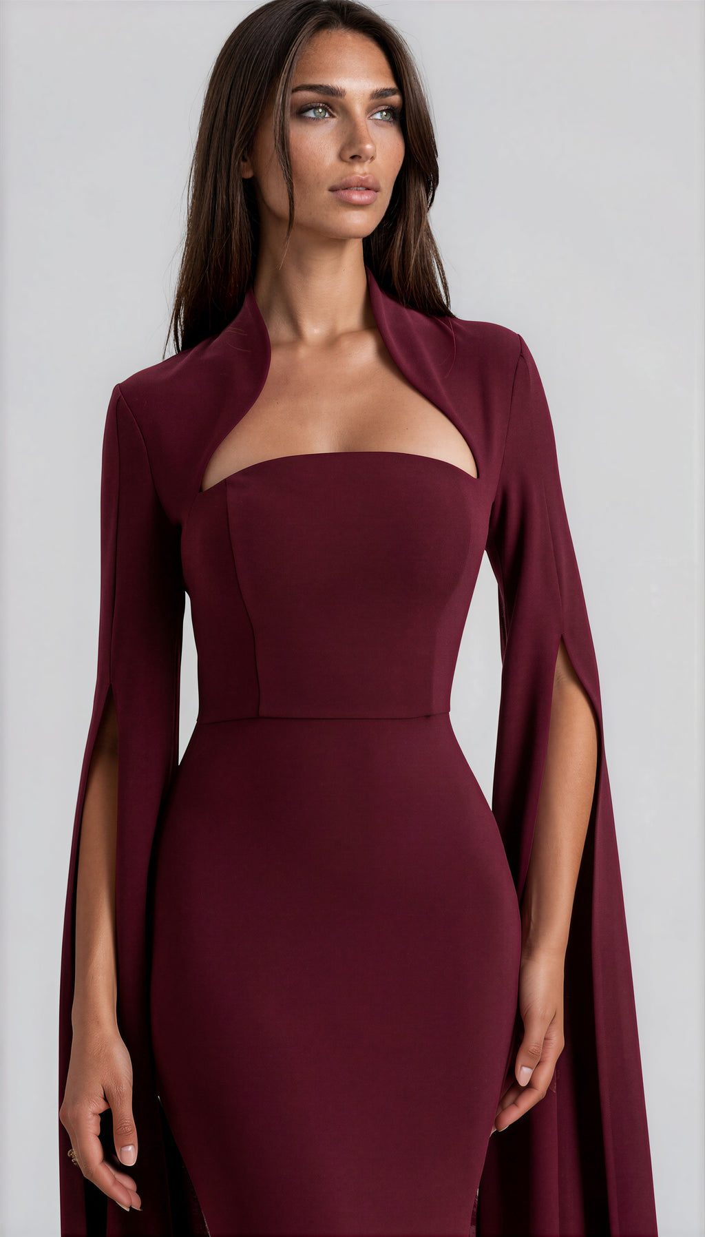 Damen Maxikleid Bordeaux – Cape-Ärmel & quadratischer Ausschnitt, elegantes Abendkleid Weinrot
