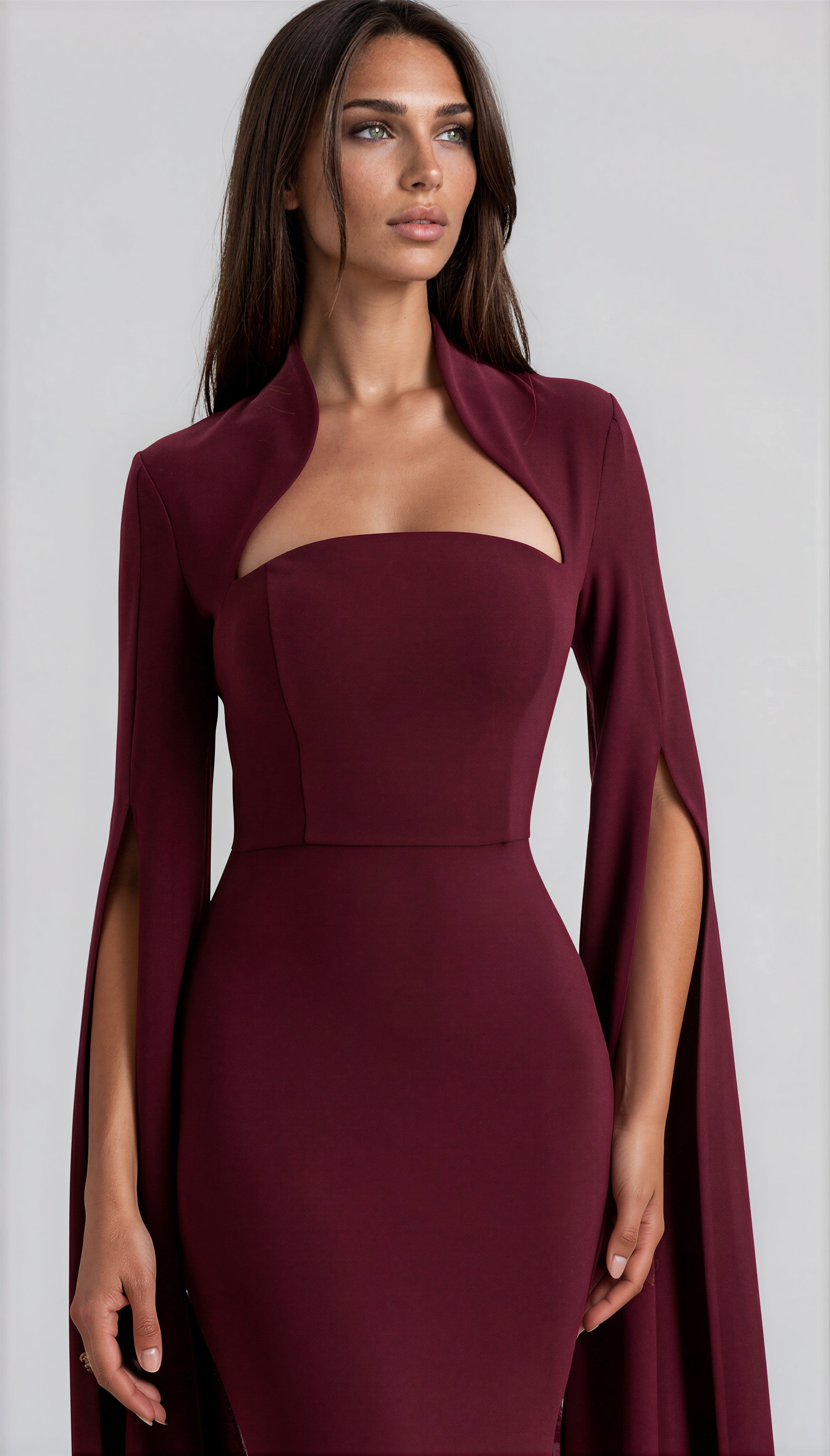 Damen Maxikleid Bordeaux – Cape-Ärmel & quadratischer Ausschnitt, elegantes Abendkleid Weinrot