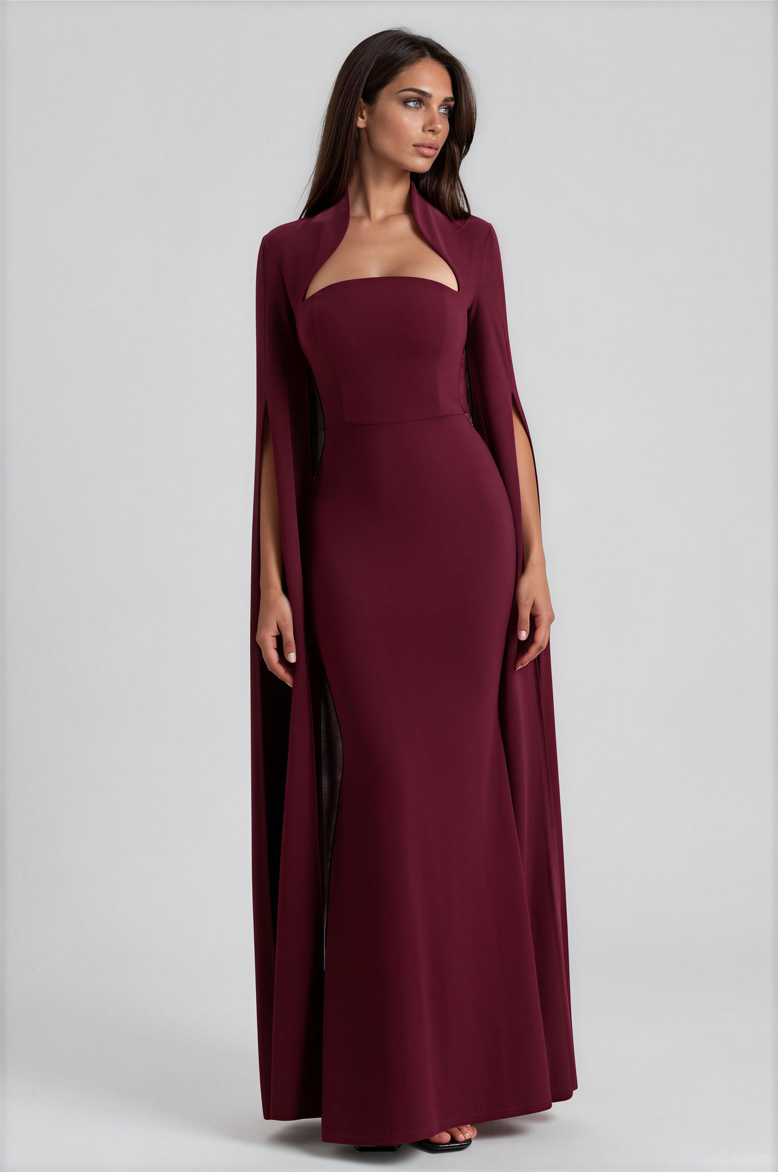 Damen Maxikleid Bordeaux – Cape-Ärmel & quadratischer Ausschnitt, elegantes Abendkleid Weinrot