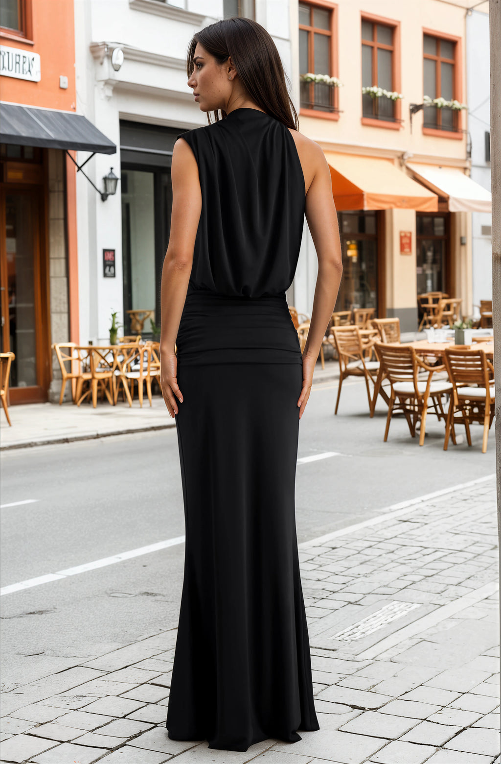 Schwarzes Maxikleid mit hohem Kragen – Elegantes figurbetontes Abendkleid lang mit Stehkragen – Damen Cocktailkleid Partykleid