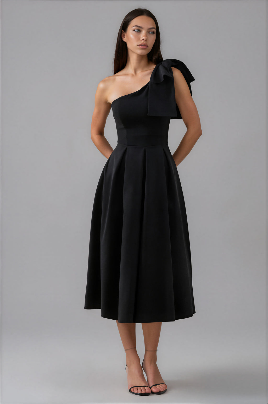 Damen Midikleid Schwarz – Asymmetrischer Ausschnitt & Schleifenärmel, elegantes schwarzes Kleid