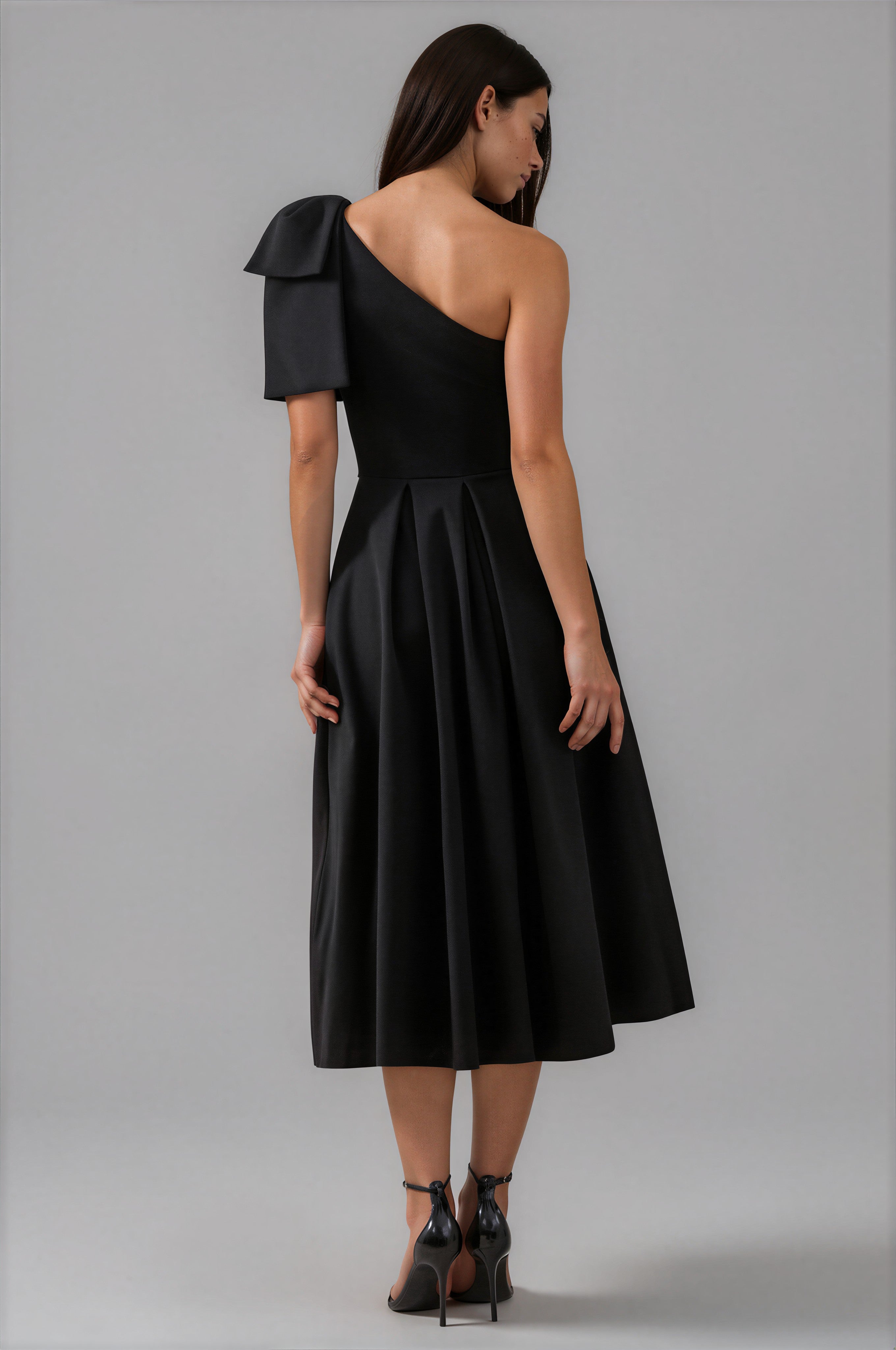 Damen Midikleid Schwarz – Asymmetrischer Ausschnitt & Schleifenärmel, elegantes schwarzes Kleid
