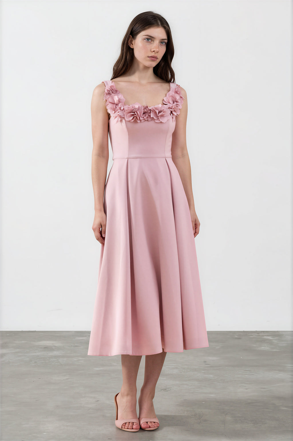 Damen Midikleid Rosa – Korsagen-Detail & Scoop-Ausschnitt, elegantes rosafarbenes Sommerkleid