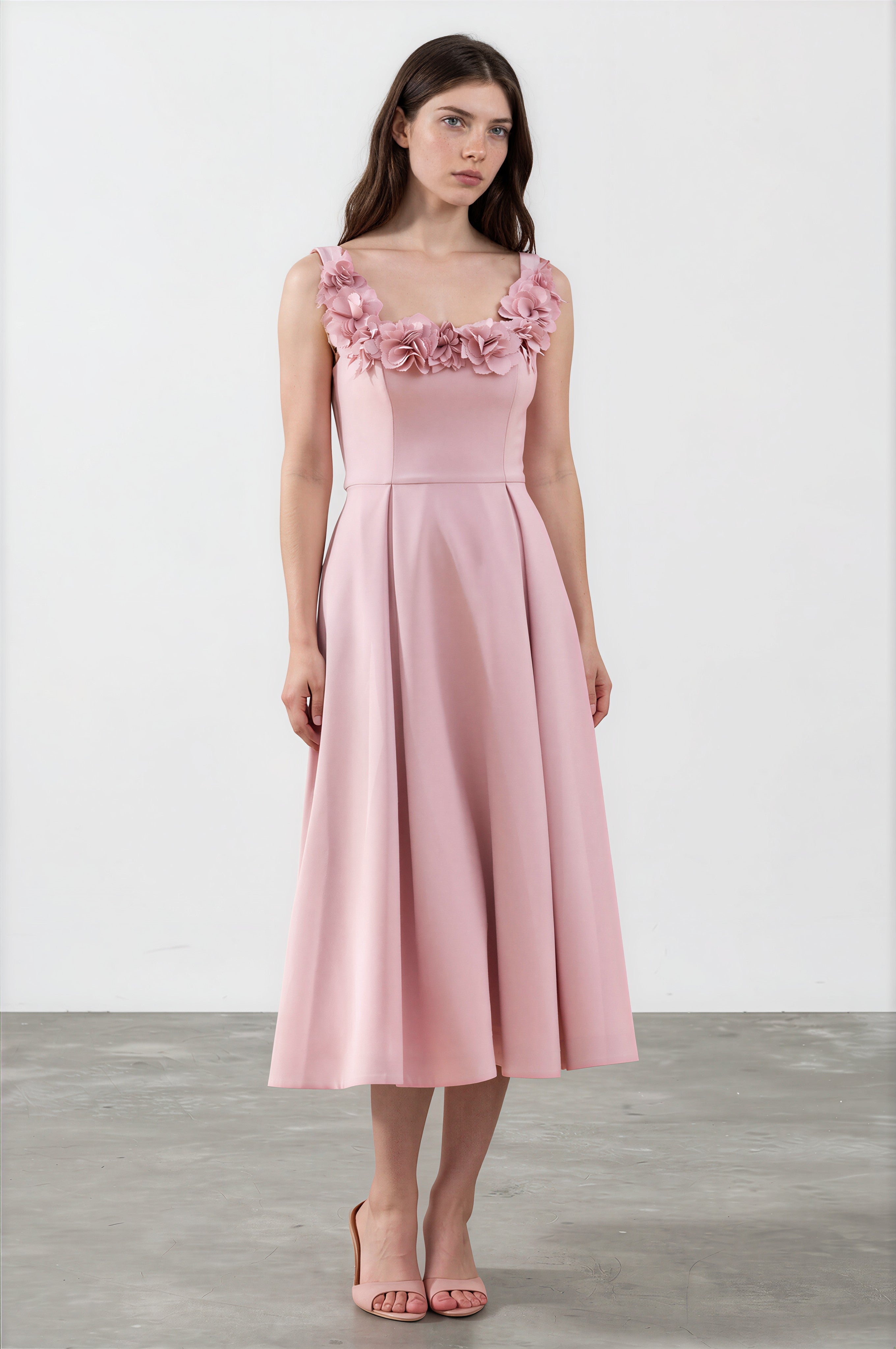 Damen Midikleid Rosa – Korsagen-Detail & Scoop-Ausschnitt, elegantes rosafarbenes Sommerkleid