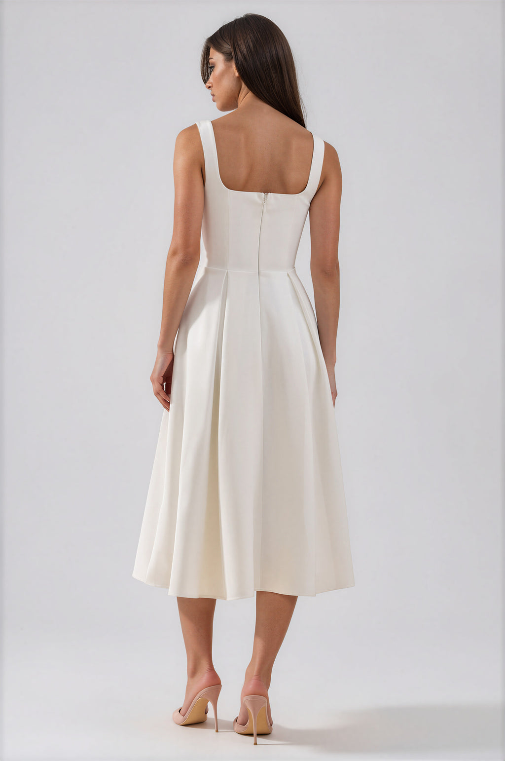 Damen Midikleid Weiß – Korsagen-Detail & Scoop-Ausschnitt, elegantes weißes Sommerkleid