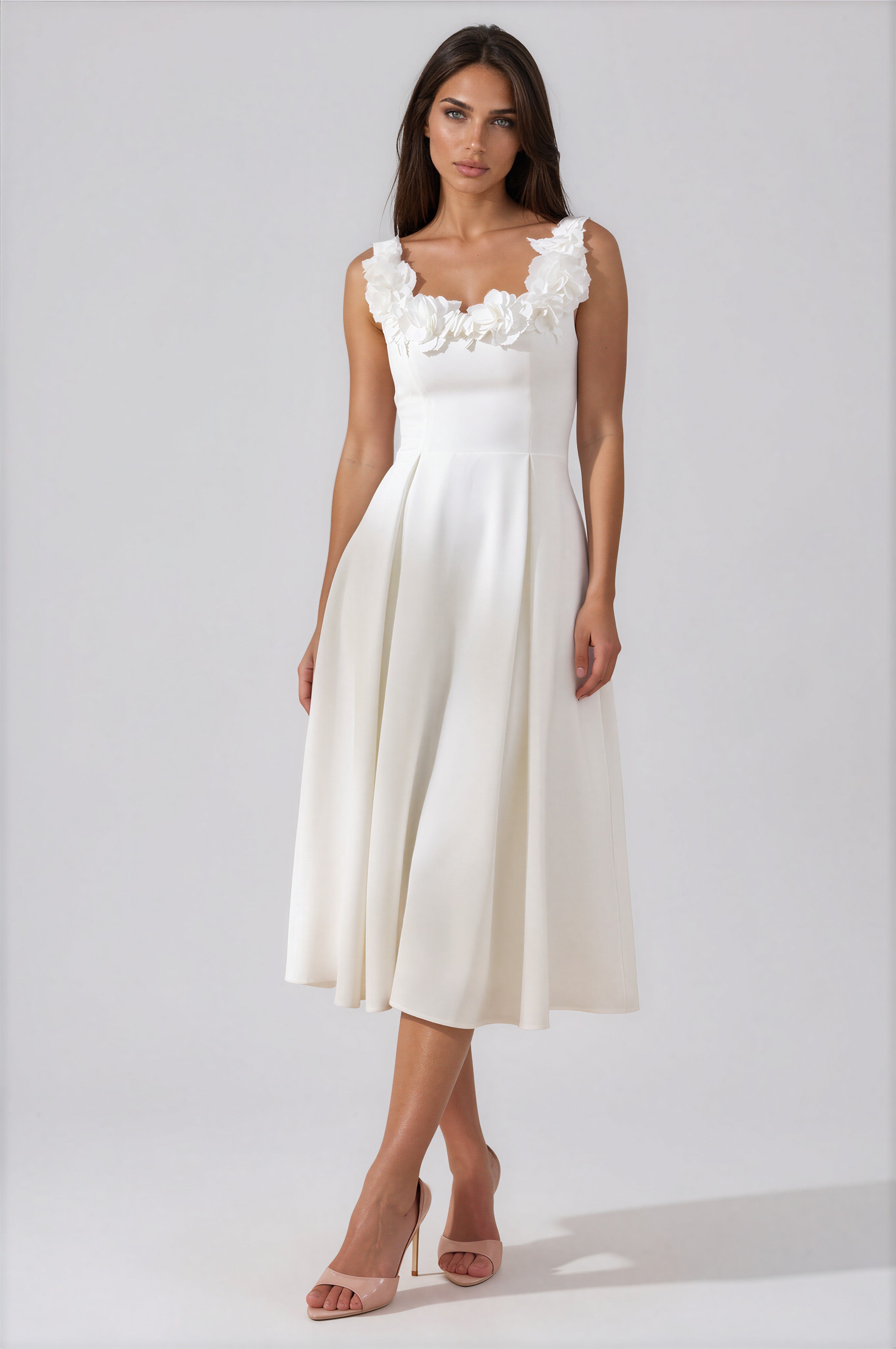 Damen Midikleid Weiß – Korsagen-Detail & Scoop-Ausschnitt, elegantes weißes Sommerkleid