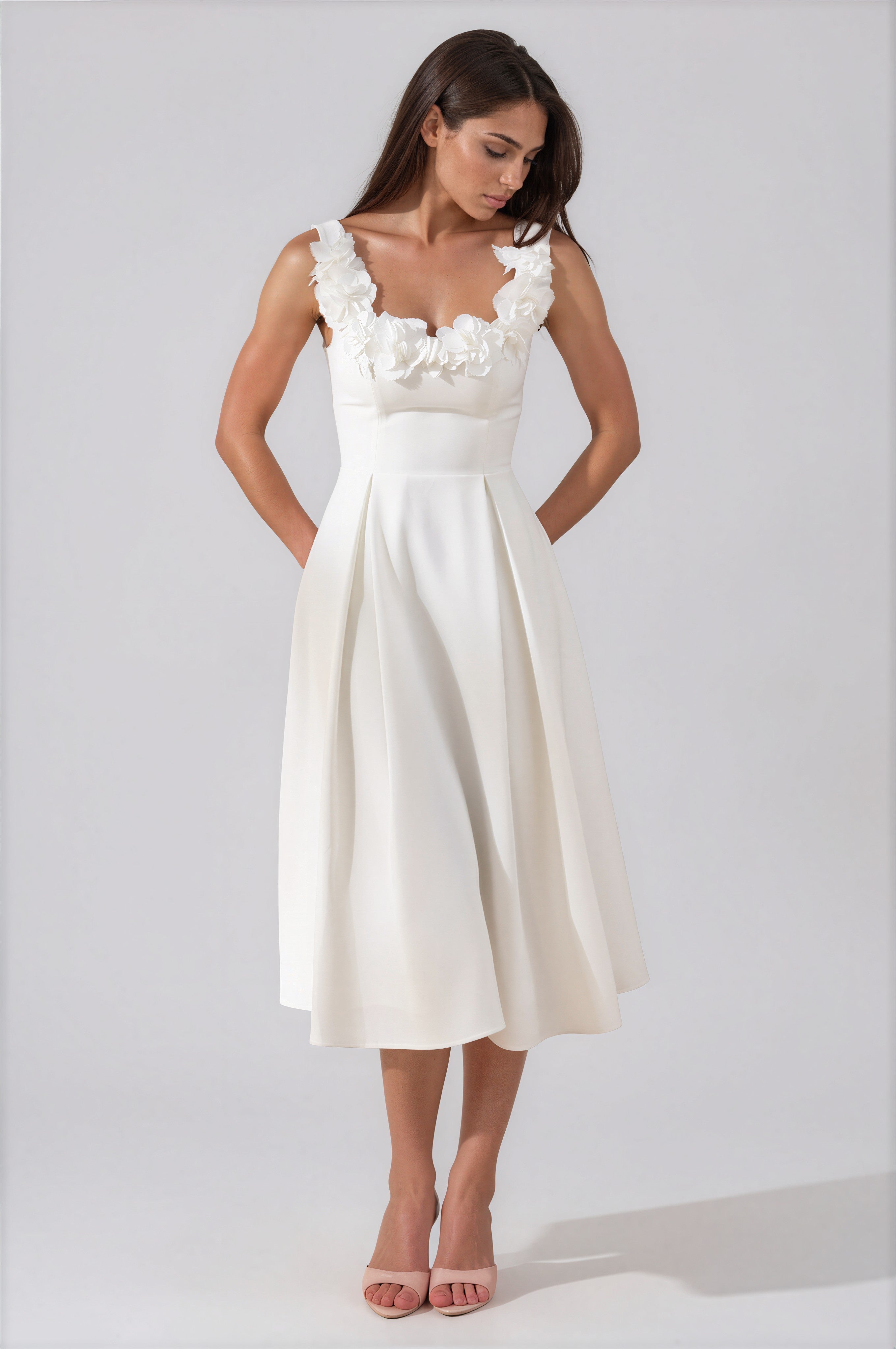 Damen Midikleid Weiß – Korsagen-Detail & Scoop-Ausschnitt, elegantes weißes Sommerkleid