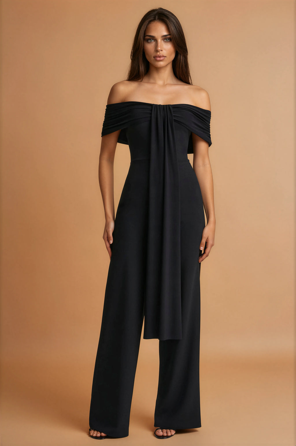 Schwarzer Jumpsuit Bardot-Ausschnitt Damen – Eleganter Overall mit Bindedetail – Figurbetonter Einteiler Partyjumpsuit