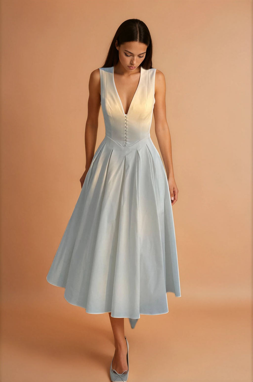 Weißes ärmelloses Baumwoll-Midikleid – Elegantes Sommerkleid Damen – Lässiges Freizeitkleid figurbetonend
