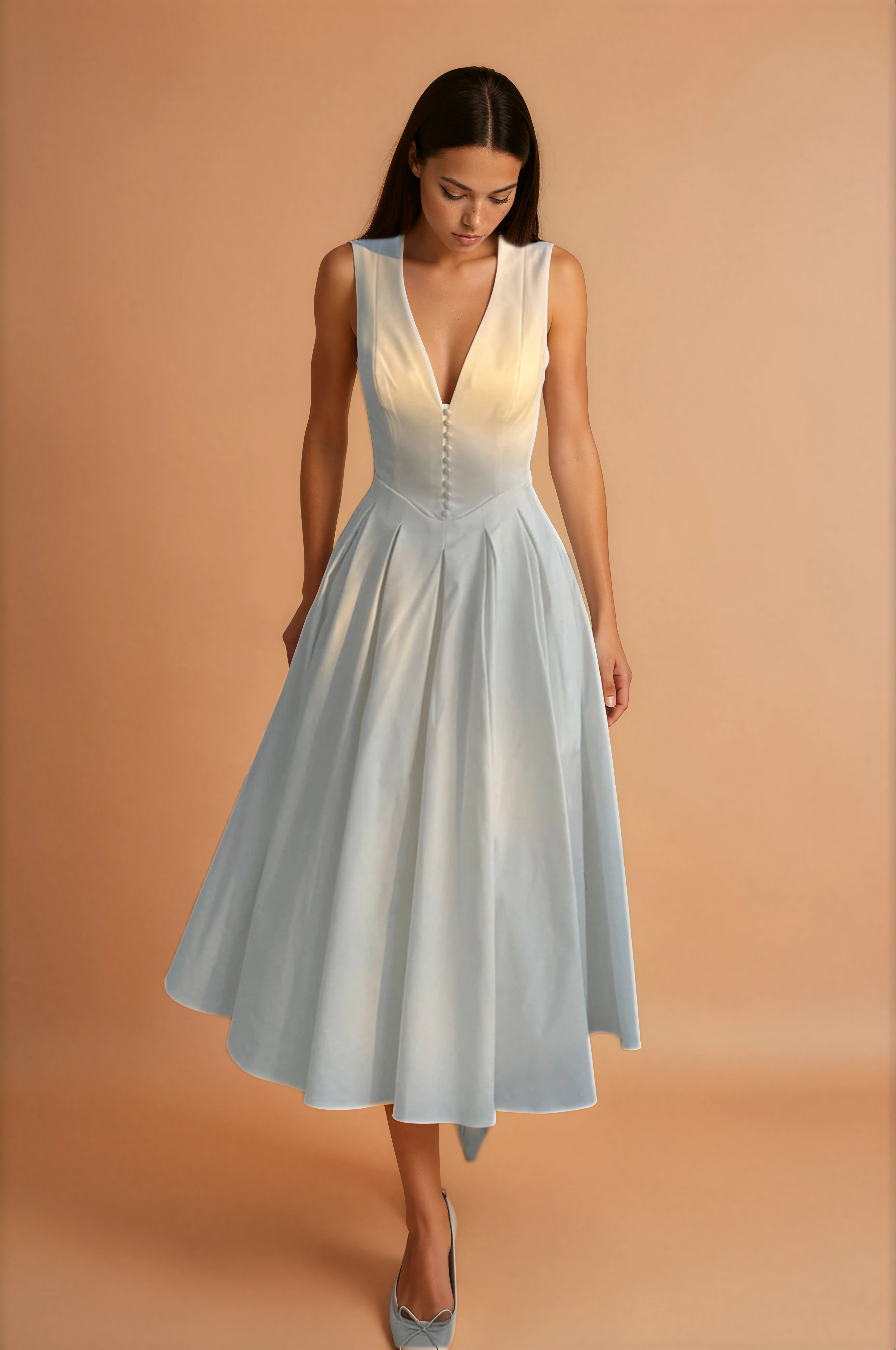 Weißes ärmelloses Baumwoll-Midikleid – Elegantes Sommerkleid Damen – Lässiges Freizeitkleid figurbetonend
