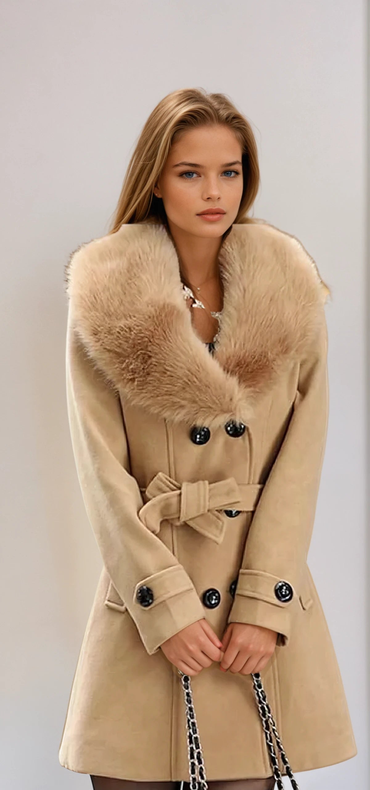 Lena - Damen Mantel – Doppelreihiger Eleganter Mantel mit Kunstfellkragen